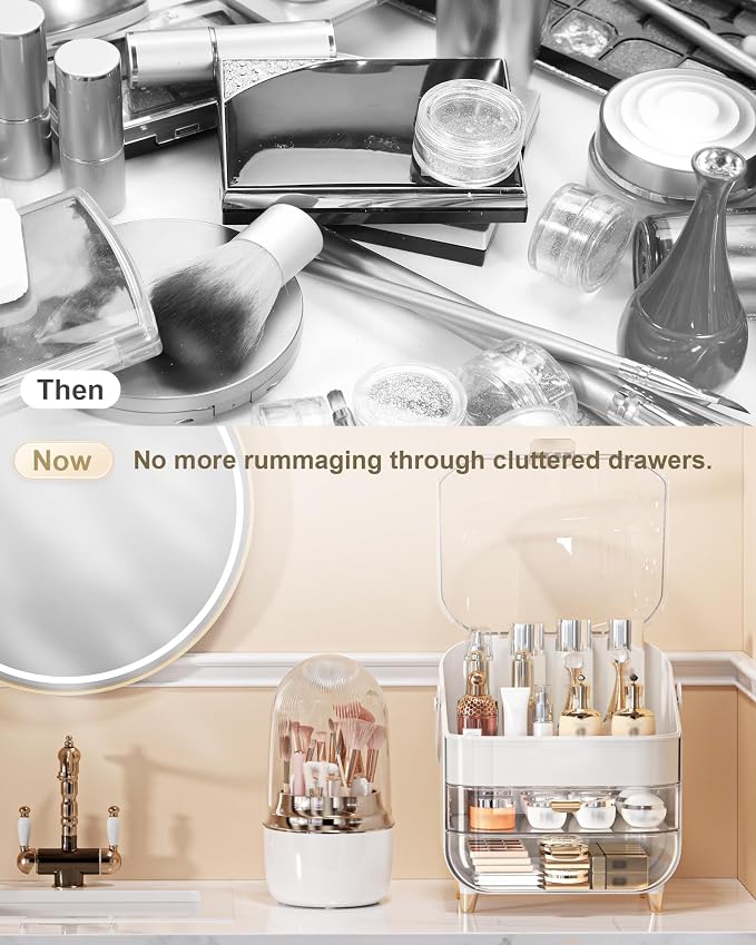 Makeup Organizer Countertop, Skincare Holder Bathroom Counter Organizer, Storage Box Cosmetic Display Cases, Teen Girl Gifts Make up Organizers (White/Brush) - Image 4