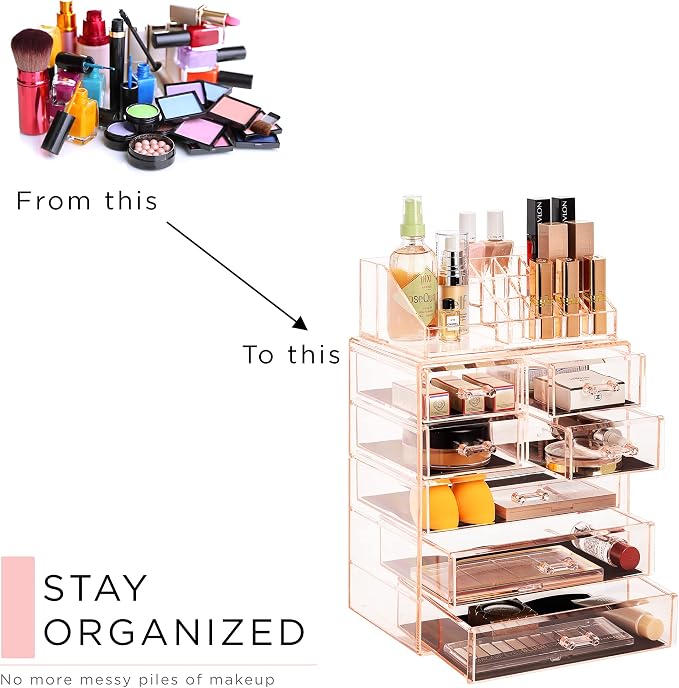 Sorbus Acrylic Makeup Organizer Set, 7-Drawer Vanity & Countertop Cosmetic Storage with Small & Wide Compartments, Pink Makeup Storage for Brushes, Jewelry – Holiday Gift for Women & Teens - Image 7
