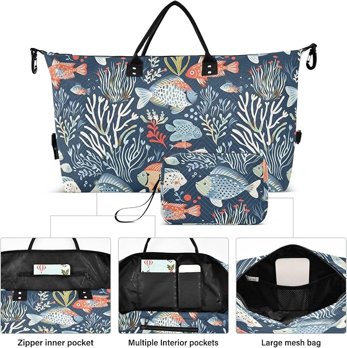 Weekender Bags Travel Duffel Gym Bag Carry on Overnight Tote Bag with Toiletry Bag for Airplane Travel Trip Gym Yoga (Ocean Animals and Plants) - Image 2