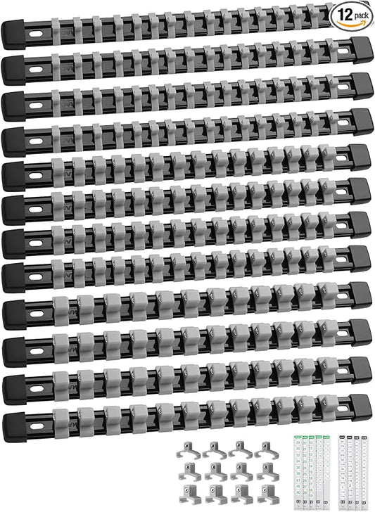 ALOANES 12PC Socket Organizer, Socket Rails Fit 1/2", 1/4" and 3/8" Drive | Heavy Duty ABS Socket Holders Hold up 172 Sockets for Mechanics Toolbox Drawer Bags(Grey) by Aloanes