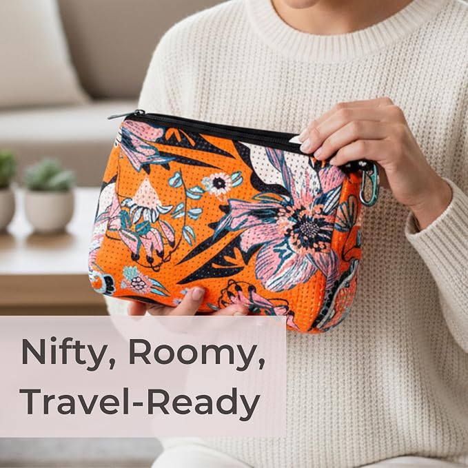 POPUPS Brand Large Makeup Bag with Zipper - Neoprene Machine Washable Travel Toiletry Cosmetic Organizer Pouch for Women (Print Blossom Orange) - Image 7