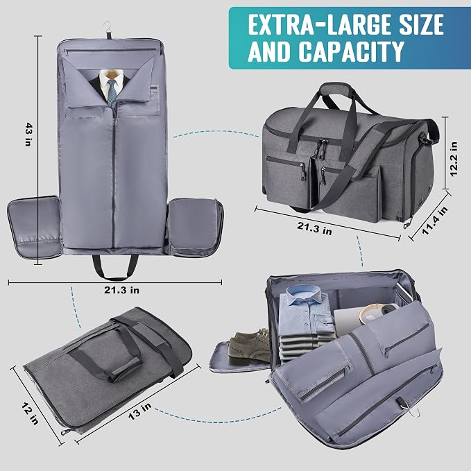 HILOMON Convertible Duffle Bags for Travel Carry On Suit Duffle Bags with Shoulder Strap 2 in 1 Hanging Garment Duffle Bag for Men Women (Gray Mesh Storage) - Image 6