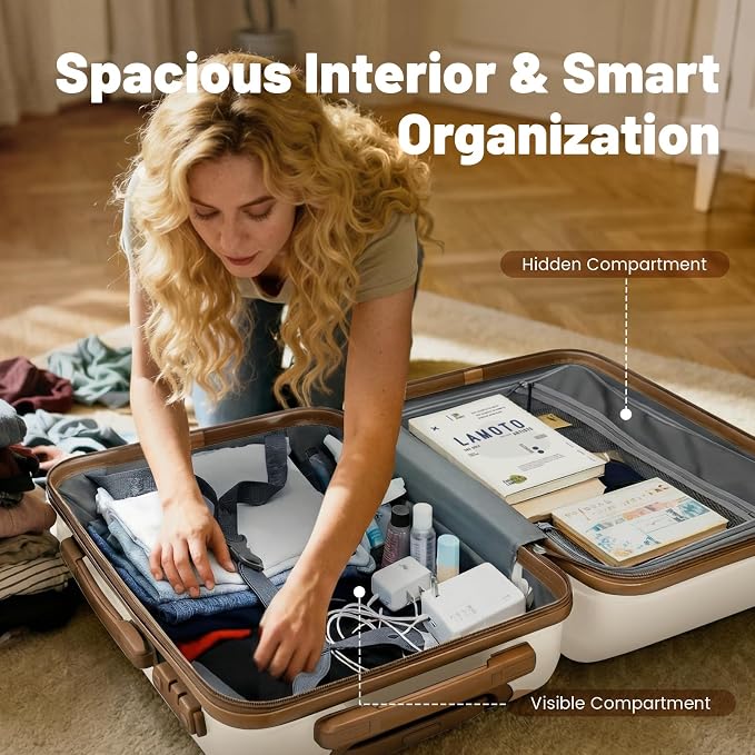 5 Piece 20" 24" 28" ABS Hardside Luggage Set, Lightweight Suitcase with TSA Lock & Smooth Spinner Wheels for Weekend and Air Travel (20/24/28/DB/TB Beige) - Image 5