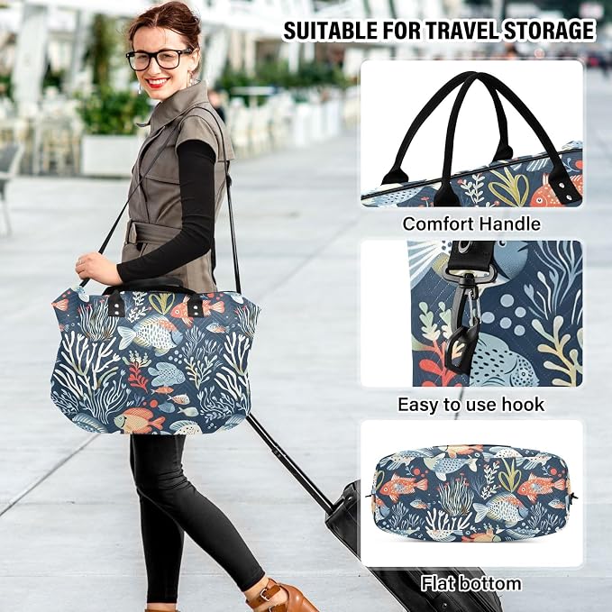 Weekender Bags Travel Duffel Gym Bag Carry on Overnight Tote Bag with Toiletry Bag for Airplane Travel Trip Gym Yoga (Ocean Animals and Plants) - Image 6