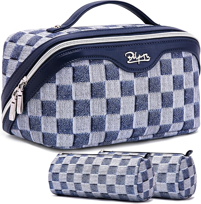 BOYATU Travel Makeup Bag for Women: Large Cosmetic Bag Set of 3 - PU Leather Make up Bag with Compartments - Compact Waterproof Toiletry Bag with Divider & Handle (D-5-Deep Blue) by BOYATU