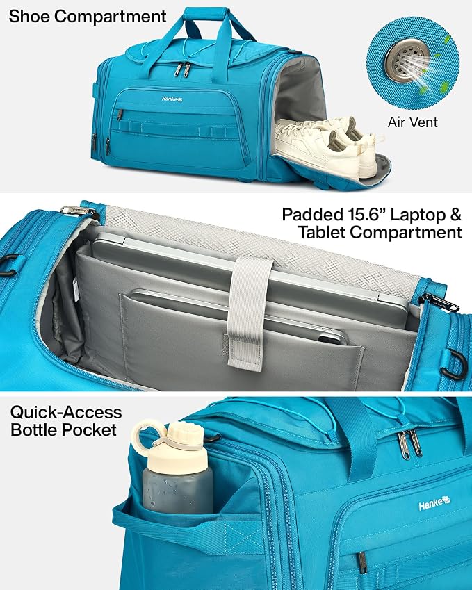 Hanke Duffle Bag for Travel, Dual Expandable 45L-55L Carry On Duffel, 3 In 1 Weekender Tote, Water Resistant Overnight Bag with 15.6" Compartment for Men Women, Caribbean Blue - Image 4