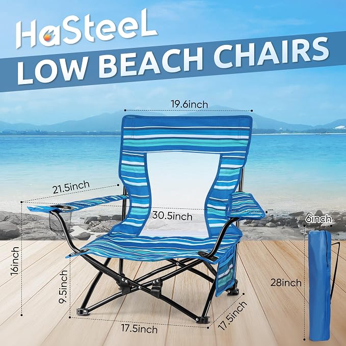 HaSteeL Folding Beach Chair Set of 2, Foldable Striped Camping Chairs for Outside, Low Beach Chair Portable for Adults Fishing, Picnic, Outdoor BBQ, Travel, Sports, Cup Holder & Storage Bag - Image 2