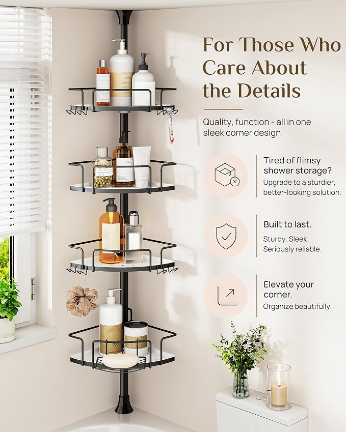 ALLZONE Corner Shower Caddy Tension Pole, 4 Hang-On Basket with Mixed-Height Shelves for Various Bottle Sizes, Extra Hooks & Soap Holder, Rustproof Stainless Steel, Fits 34–116 Inch, Black/White - Image 5