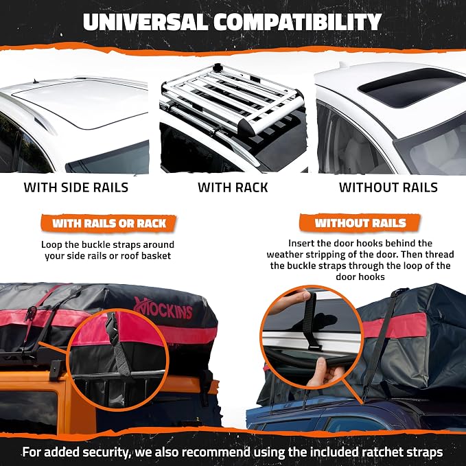 Mockins 45 Cu Ft XL Waterproof Rooftop Cargo Bag 75"x48"x22" | Car Roof Cargo Carrier Bag for Use with or without Roof Rack | Vehicle Soft-shell Carriers w/ Mat, Lock, Hooks, Straps & Case - Image 5