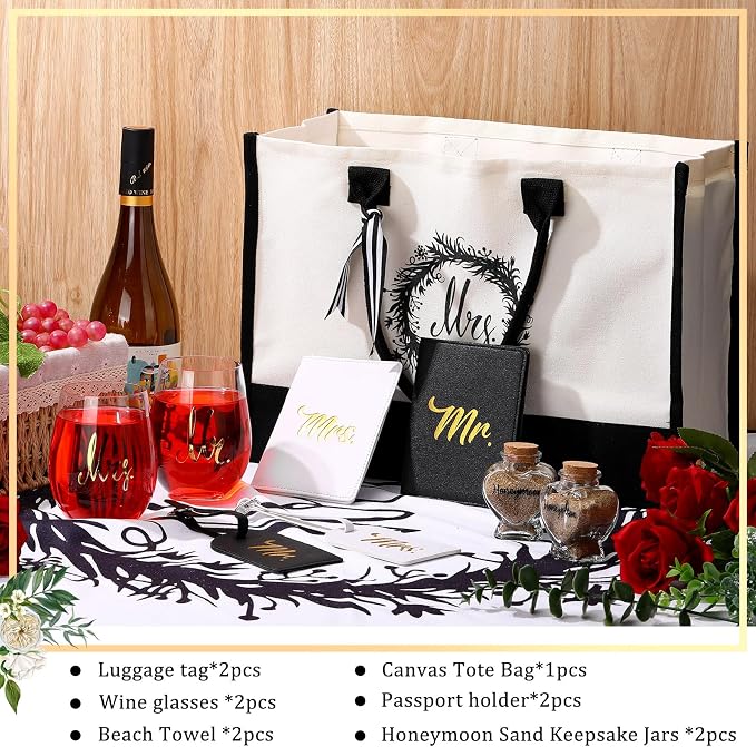 Silkfly 11 Pcs Wedding Gifts for Couples 2026, Mr and Mrs Gifts Include Honeymoon Beach Towel Luggage Tag Passport Holder Wine Glass Keepsake Jar Tote Bag for Newlyweds Engagemen - Image 3
