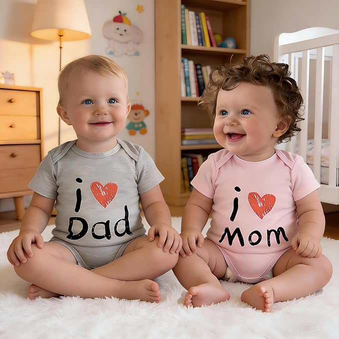 CREVENT Set for Newborns 0-3 Month 100% Cotton Bodysuit- I Love Dad & Mom Onesie 2 Packs (Grey & Pink Rompers with a Cotton Gift Bag) - Image 4