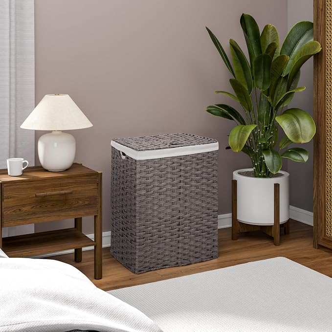 Seville Classics Premium Handwoven Portable Laundry Bin Basket with Carrying Handles, Household Storage for Clothes, Linens, Sheets, Gray, Rectangular Hamper - Image 2