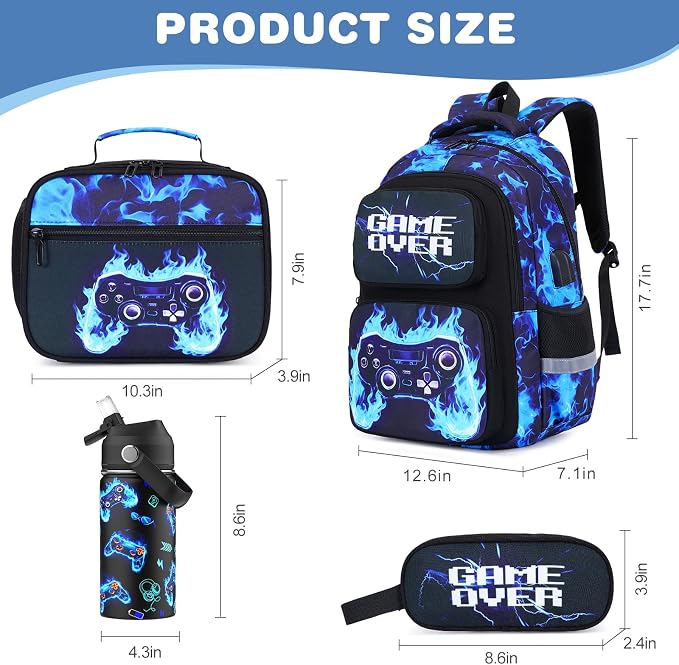 Bevalsa Kids Backpack for Boys with 14oz Insulated Bottle, Gamer Backpack School Bags for Kids & BPA-FREE Stainless Steel Metal Bottle with Straw Lid for Elementary Middle School Student (Blue Flame) - Image 2