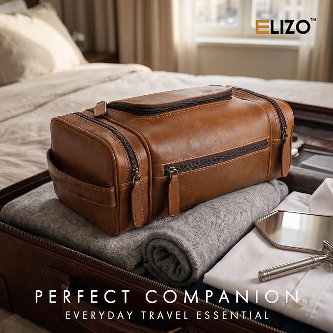 ELIZO Real Leather Toiletry Bag for Men - Extra Large Hanging Travel Organizer for Toiletries, Ideal for Dopp Kit & Shaving Kit for Men, Essential Mens Travel Toiletry Bag for Toiletries (Cognac) - Image 5