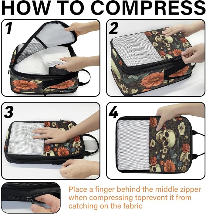 Floral Skull 6 Set Compression Packing Cubes for Travel Luggage Carry On Suitcase Compressible Expandable Packing Cubes Organizers Bag - Image 4