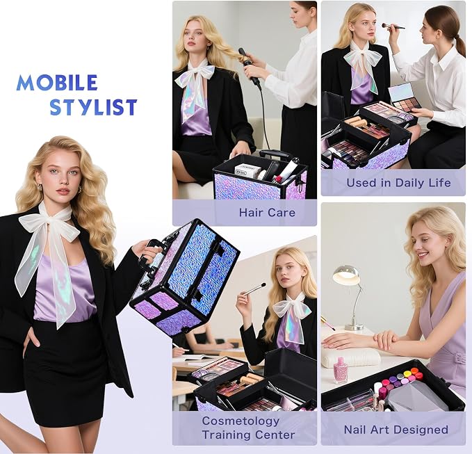 Stagiant Rolling Makeup Case Cosmetology Case on Wheels 4 in 1 Makeup Travel Case Extra Large Cosmetic Box with Key Make Up Artist Traveling Storage Nail Case Salon Barber Cart Trunk Shiny Purple - Image 7