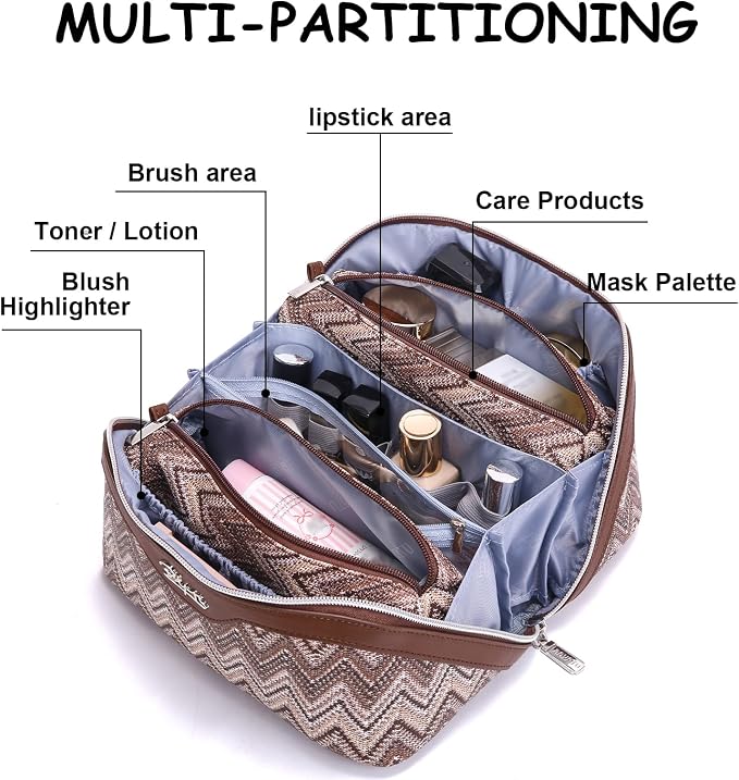 BOYATU Travel Makeup Bag for Women: Western Boho Make up Bag Set of 3 - Large Capacity Vegan Leather Cosmetic Bag - Waterproof Toiletry Bag with Compartments & Handle & Divider(J-2-Brown) - Image 7