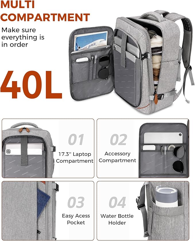 Vancropak Carry on Backpack, Flight Approved 18x14x8 Inches Travel Backpack | 3 Packing Cubes, Expandable 40L Anti Theft Luggage Suitcase Fits 17.3" Laptop, Shoe Compartment, Carry on Bags for Airplanes - Image 2