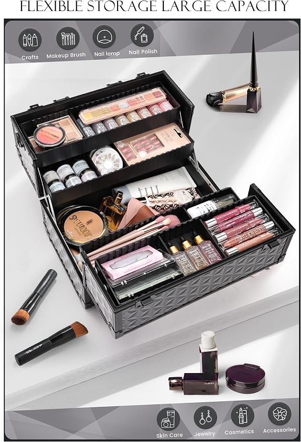 Joligrace Makeup Train Case Professional Cosmetic Organizer Aluminum Storage Box with 4 Adjustable Dividers Trays Lockable Portable with Shoulder Strap - Image 2