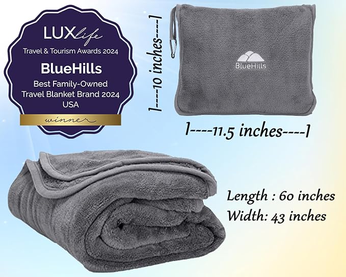 BlueHills Premium Soft 2-Pack Travel Blanket Pillows for Two - Gray Grey | Travel Blanket Set for Two, Hand Luggage Belt & Backpack Clip, Lightweight & Compact for Long Flights, Comfort Plane Pillows - Image 5