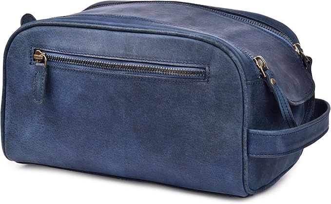 LEATHER VILLAGE Genuine Leather Toiletry Travel Bag With Waterproof Lining - Blue | King-Size Handcrafted Vintage Dopp Kit Bag, Shaving & Bathroom Organizer, Gift for Men & Women by LeatherVillage