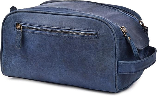 LEATHER VILLAGE Genuine Leather Toiletry Travel Bag With Waterproof Lining - Blue | King-Size Handcrafted Vintage Dopp Kit Bag, Shaving & Bathroom Organizer, Gift for Men & Women by LeatherVillage