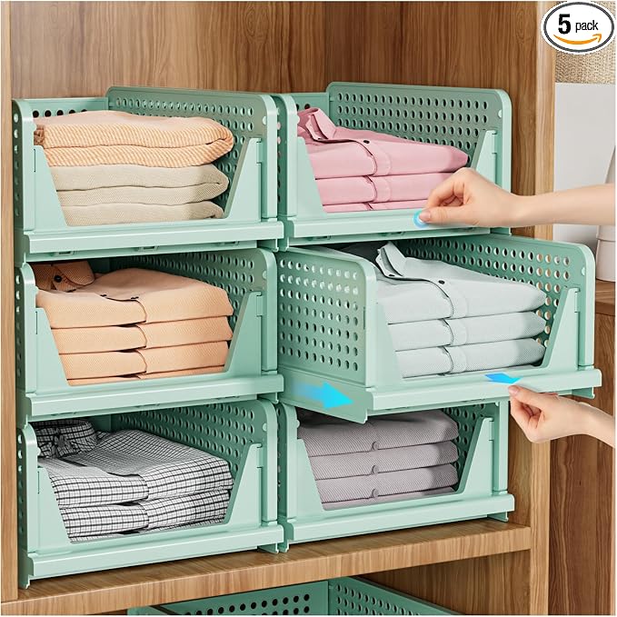 SNSLXH 5 Pack Stackable Closet Organizer Box, Multifunctional & Foldable Closet Storage Basket for Bathroom Kitchen Laundry Room Wardrobe Storage, Space-Saving Clothes Storage Drawer Organizer, Green by SNSLXH