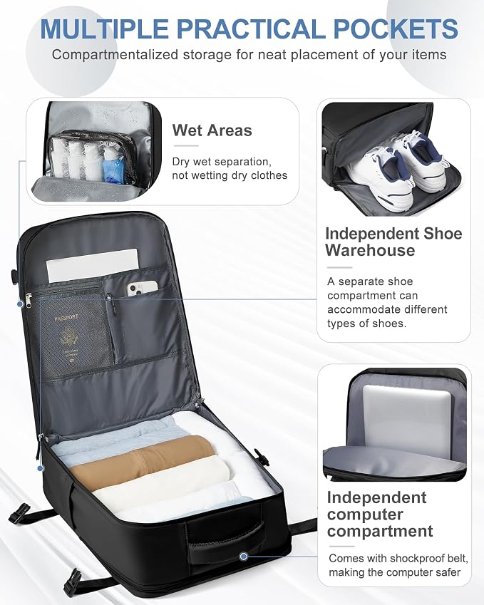coowoz Large Travel Backpack Carry On for Women Man Black Waterproof Gym Backpacks with Laptop Compartment Mochila de Viaje Teacher Personal Item Backpack Rucksack Airplane Accessories Must Haves - Image 5