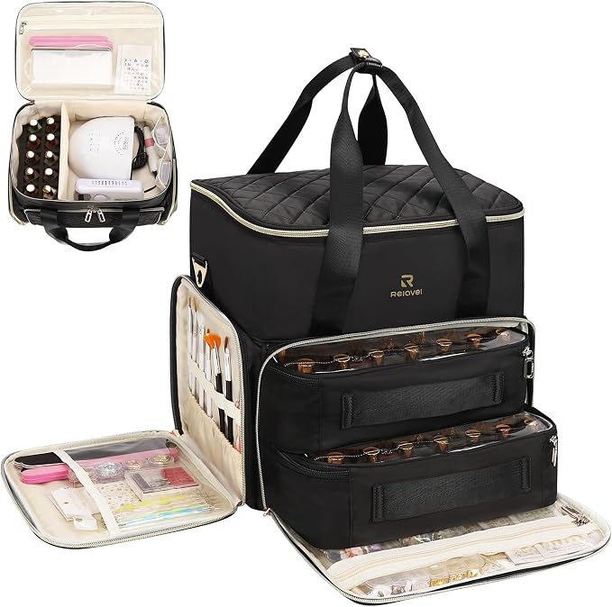 Relavel Nail Polish Organizer, Double Layer Nail Bag Holds 80-100 Bottles (15ml/0.5fl.oz) & Nail Lamp Nail Kit Storage Case, Extra Large Travel Nail Supplies Shoulder Bag for Manicure Tools (Black) by Relavel