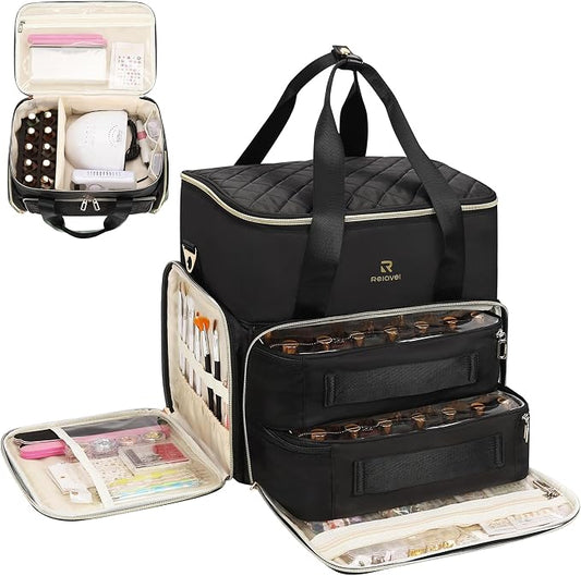 Relavel Nail Polish Organizer, Double Layer Nail Bag Holds 80-100 Bottles (15ml/0.5fl.oz) & Nail Lamp Nail Kit Storage Case, Extra Large Travel Nail Supplies Shoulder Bag for Manicure Tools (Black) by Relavel