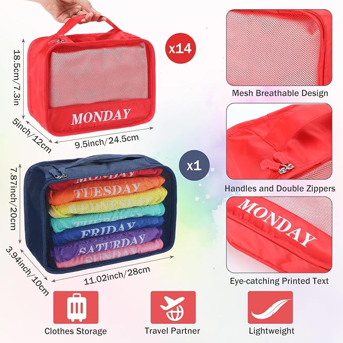 Days of Week Packing Cubes Summer Camp Essentials Weekly Organizer Storage Bag School Clothes for Travel Kids Family(9x7x3inch,Rainbow,15) - Image 3