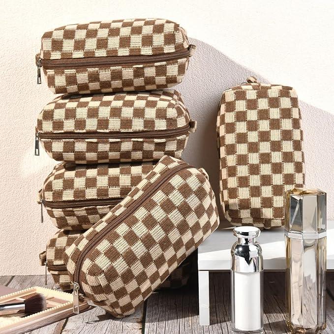 SOIDRAM Checkered Makeup Bag Preppy Cosmetic Bag Bulk Brown Makeup Pouch Personalize Travel Toiletry Bag Organizer Cute DIY Makeup Brushes Storage Bag for Women - Image 6
