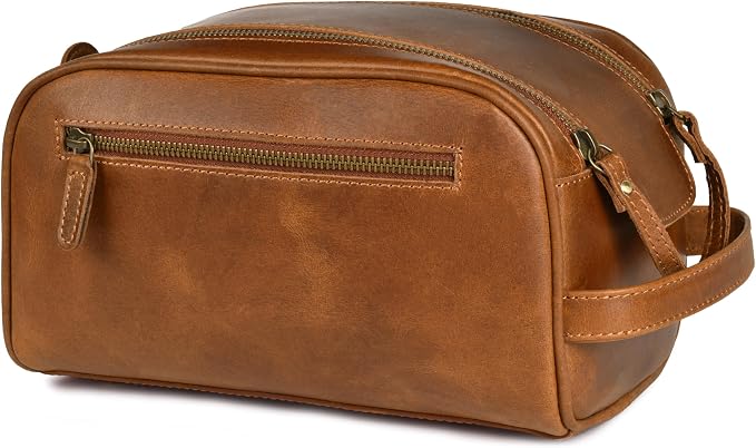 LEATHER VILLAGE Genuine Leather Toiletry Travel Bag With Waterproof Lining - Sun Tan | King-Size Handcrafted Vintage Dopp Kit Bag, Shaving & Bathroom Organizer, Gift for Men & Women by LeatherVillage