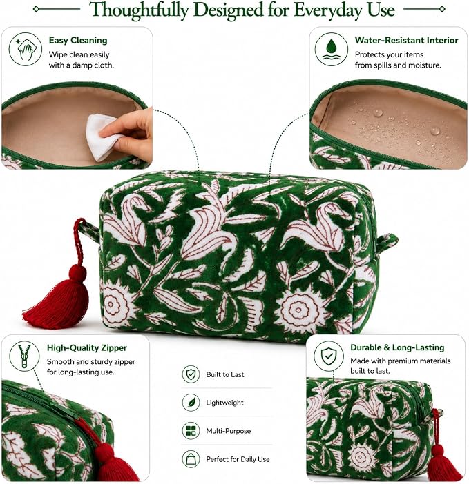 Huar Travel Makeup Bag- Large Capacity Cosmetic Bags for Women - Water Resistance Lining Portable Pouch & Open Toiletry Bag - Perfect Girls Makeup Organizer for Travel Essentials (Velvet Green Lotus) - Image 3