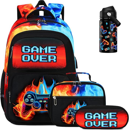 Bevalsa Kids Backpack for Boys with 14oz Insulated Bottle, Gamer Backpack School Bags for Kids & BPA-FREE Stainless Steel Metal Bottle with Straw Lid for Elementary Middle School Student (Flame) by Bevalsa