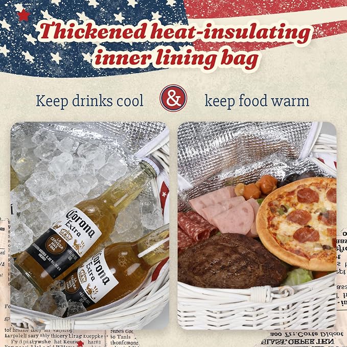 Wicker Picnic Basket with Insulated Lined Bag 15“ x 11” x 7“ Red, White Star Stripe Pattern, Iced Beer Insulated Bag for Camping, Picnics, Birthday Gifts, Wedding Gifts - Image 7