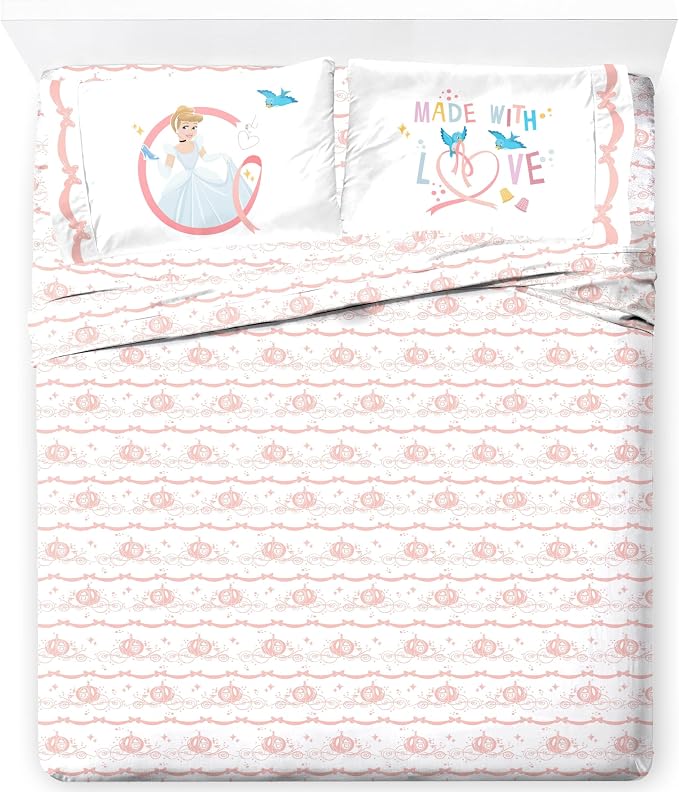Jay Franco Kids Sheet Set with Fitted, Flat Sheets & Pillow Cover - Ultra-Soft Bedding with Pillowcase for Room Decor, White - Princess Cinderella, 4 Piece Full by JayFranco