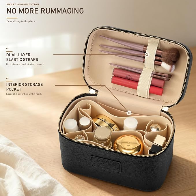 Makeup Bag Travel Toiletry Leather Cosmetic Case, Waterproof Makeup Organizer with Brush Holder, Wipe Clean Removable Divider Vanity Train Bag for Women, Black - Image 4