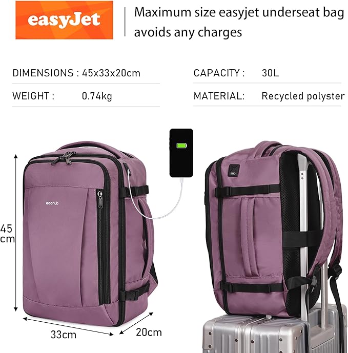 ECOHUB Travel Backpack 18x14x8 Spirit Airlines Personal Item Bag Carry On Backpack 13 Pockets Large Work Casual Daypack for men Airline Approved Waterproof Gym Backpacks with Charging Port, Pink - Image 3