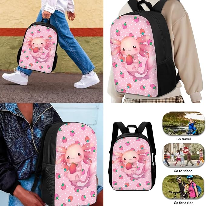 Personalized Axolotl Backpack with Lunch Box Kids Girls Custom Strawberry Bookbag for 1st Grade Elementary School Book Bags Primary Back Pack Lunch Bag Pencil Case Water Bottle Holder Set - Image 3