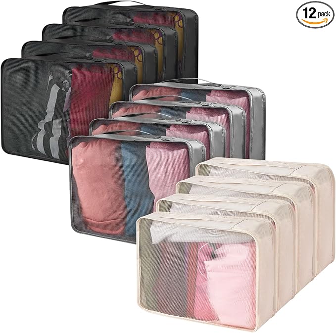 Silkfly 12 Pcs Packing Cubes for Suitcase Travel Luggage Bags Bulk Mesh Organizer Set for Hiking Camping Backpacking Clothes Accessories(Black,Gray,Beige) by Silkfly