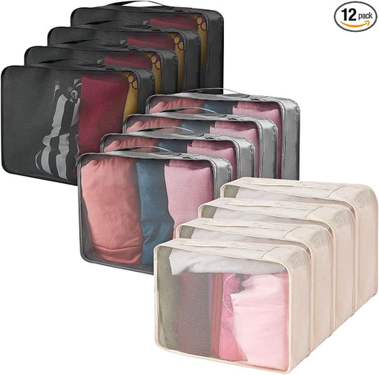 Silkfly 12 Pcs Packing Cubes for Suitcase Travel Luggage Bags Bulk Mesh Organizer Set for Hiking Camping Backpacking Clothes Accessories(Black,Gray,Beige) by Silkfly