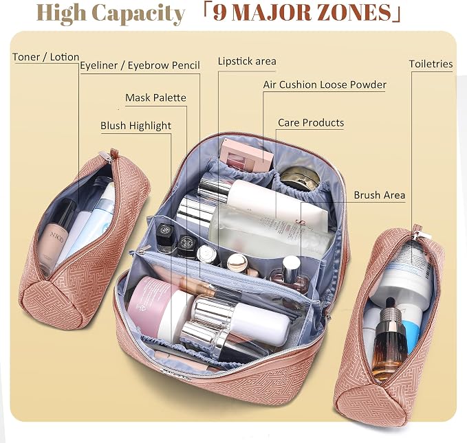 BOYATU Travel Makeup Bags for Women: Vintage Roman Column Texture | Each Journey, Quiet Luxury Serenity - 3 Pcs Set Large Capacity Cosmetic Bag Organizer Toiletry Purse(Pink) - Image 5