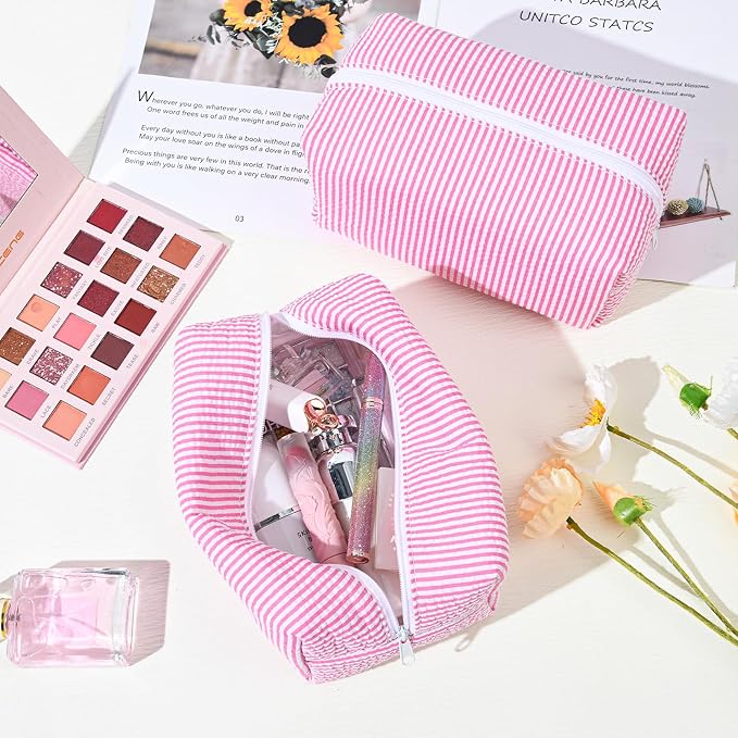 SOIDRAM 12PCS Striped Makeup Bag Preppy Cosmetic Bag Bulk Pink Makeup Pouch Personalize Travel Toiletry Bag Organizer Cute DIY Makeup Brushes Storage Bag for Women - Image 2