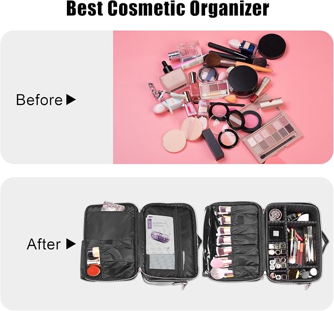 Travel Makeup Train Case,Large Capacity Cosmetic Bags for Women,Portable Makeup Bag Organizer with Adjustable Dividers & Shoulder Strap (Crocodile Pattern Black,Medium) - Image 4