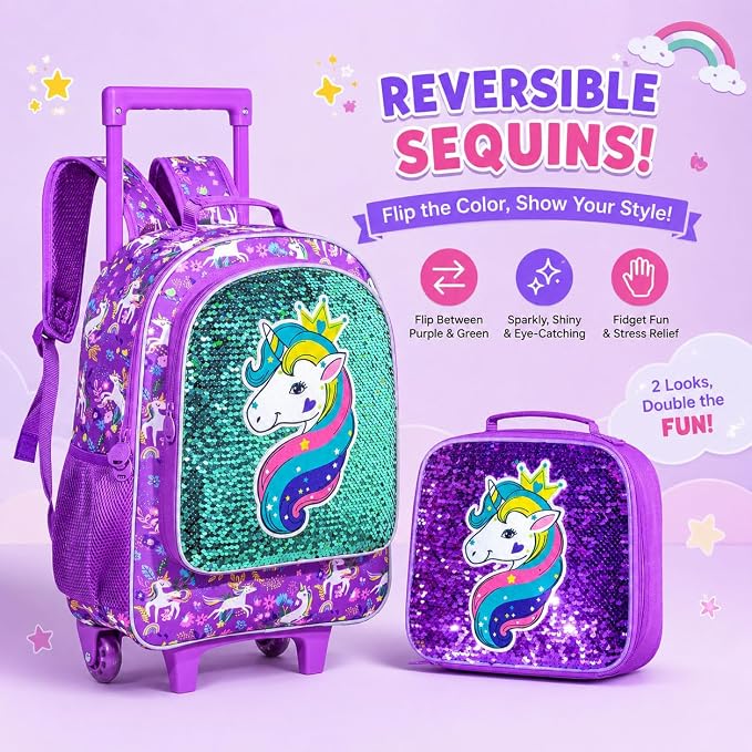 AGSDON 3PCS Rolling Backpack for Girls Boys, Kids Roller Wheels Bookbag, Wheeled School Bag with Lunch Bag - Image 3