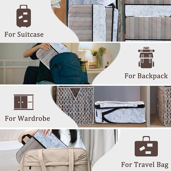 U+U 6 Set Compression Packing Cubes - Ultralight Travel Organizers with Laundry Bag, Space-Saving Suitcase Organizer for Travel, Business Trip and Family Vacation (Blue Flower) - Image 8