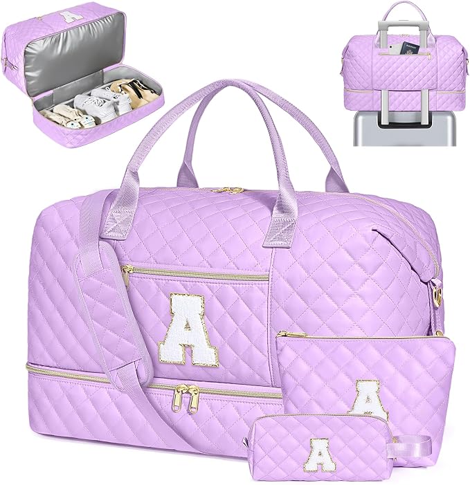 Graduation Birthday Gift for Her, Personalized Initial Weekender Bag for Women 45L Travel Duffle Carry On Quilted, 3PCS Overnight with Cosmetic & Toiletry Bag, Shoe Compartment, Gym Dance Bag for Girl by ITIEZY