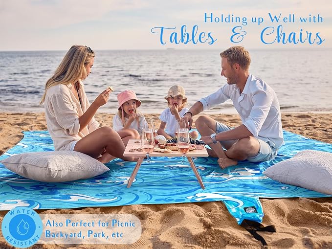 WEKAPO Beach Blanket Waterproof Sandproof Oversized Extra Large Sand Free Beach Mat with Stakes, Storage Bag - Essentials for Outdoor Beach, Picnic (Blue Ocean Waves, 11 X 9 FT (1~10 Person)) - Image 4
