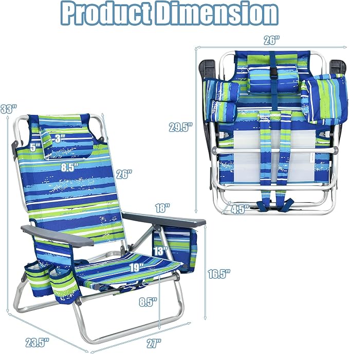 Giantex Folding Beach Chair, Patio Sling Chairs with 5 Adjustable Position, Head Pillow, Storage Bag, Towel Bar, Cup Holders, Backpack Chairs for Sunbathing, Camping Chair - Image 3